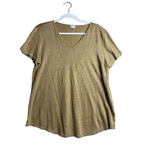 Poetry Womens Gold Ochre 100% Linen Pintuck V-Neck T-Shirt Size 12 quiet luxury